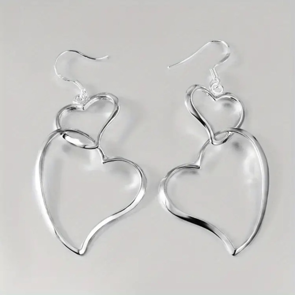 Silver Plated Simple Glossy Double Heart Shaped Dangle Earrings